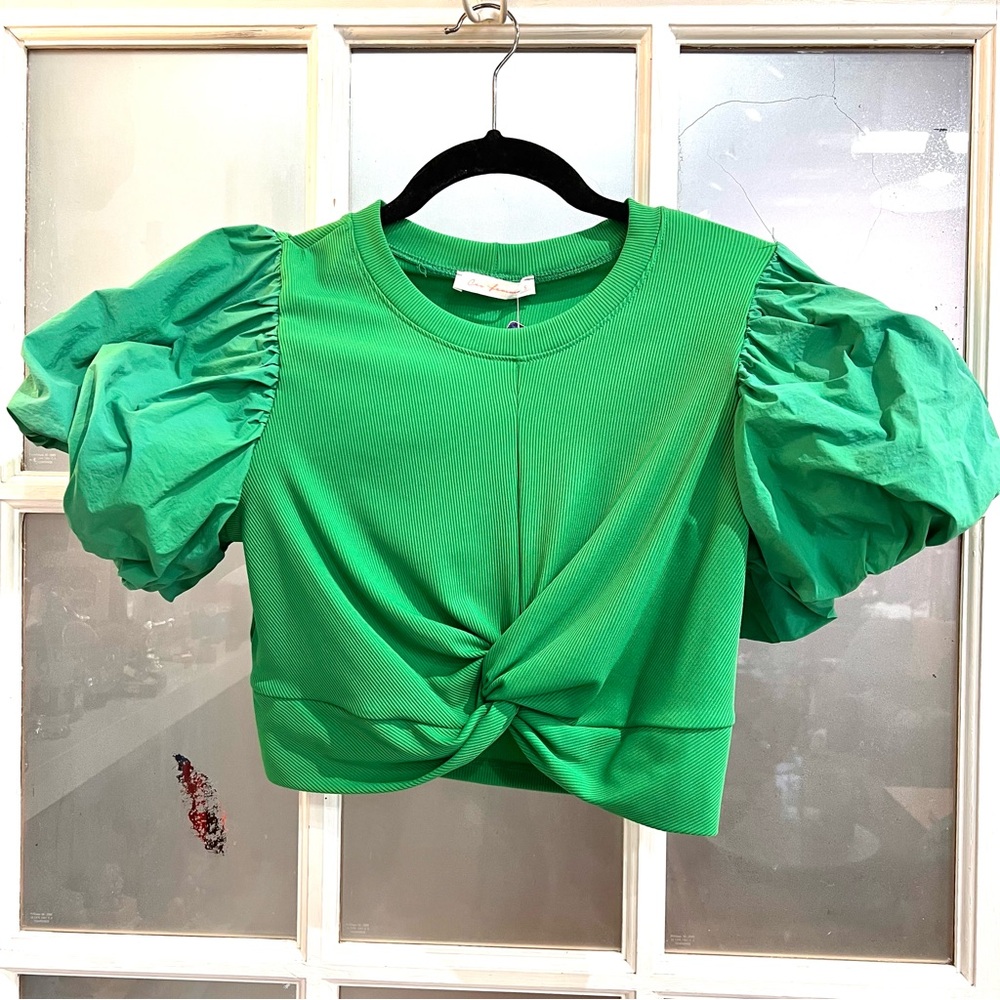 CES FEMME Kelly Green  faux twisted Crop top